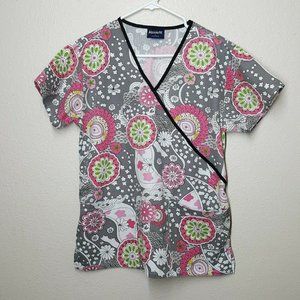 Absolute Small Gray Floral Scrub Top V-Neck Short Sleeve Medical Uniform Shirt